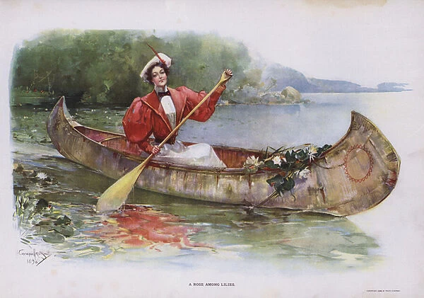 A Rose among Lilies: woman gathering water lilies from a canoe (colour litho)