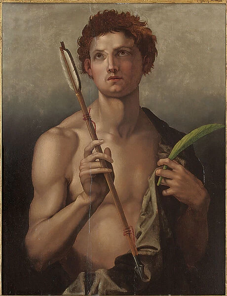 Saint Sebastian with an arrow in his right hand and the martyr