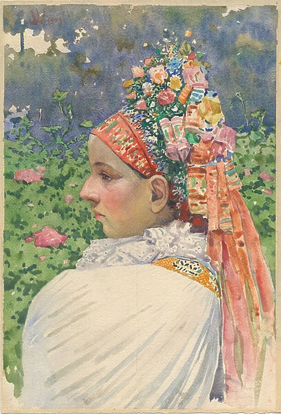 Slovak Bride par Uprka, Joza (1861-1940). Oil on canvas, size : 54, 8x37, 1909, Slovak National Museum, Bratislava