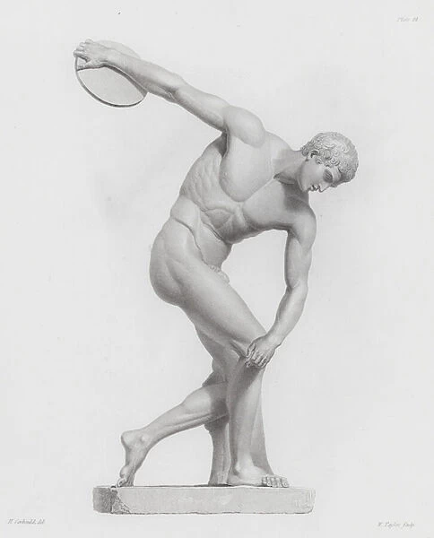 Statue of a discus thrower, ancient Greco-Roman marble sculpture (engraving)