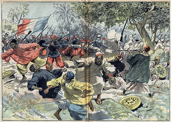 The Sudanese troops of Samory Toure (circa 1835-1900) were placed behind the banks of the Cavalby River by a French colony under Lieutenant Walfel. Sudan, 9 September 1898. Illustration in 'Le Pelerin'of October 9, 1898