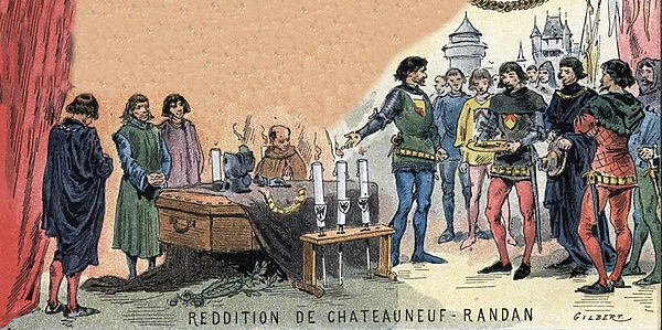 Surrender of Chateauneuf de Randon: The English governor of Chateauneuf de Randon (Chateauneuf-de-Randon, Auvergne) surrenders and comes to lay the keys of the city on the coffin of Bertrand du Guesclin, on 13 July 1380, which besieged the city