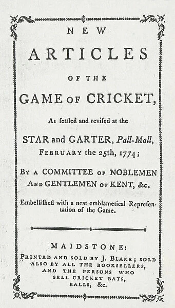 Titlepage of New Articles of the Game of Cricket, 1774