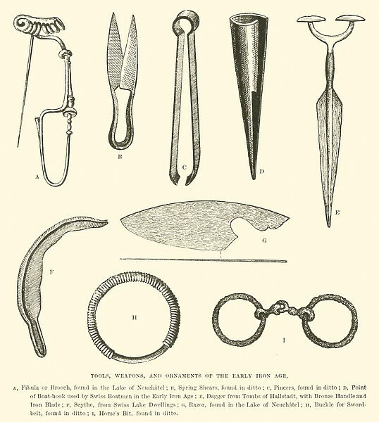 Tools, weapons, and ornaments of the Early Iron Age (engraving)