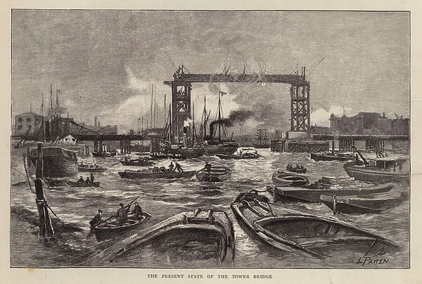 Tower Bridge under construction, London, 1892 (litho)