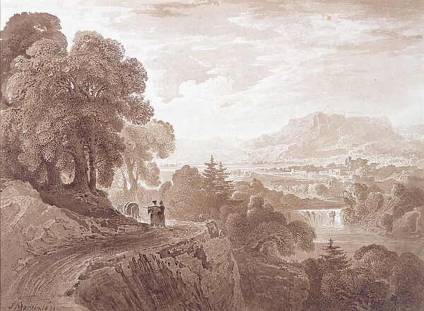 Travellers on a road above a river, 1821 (brown wash over graphite on paper)