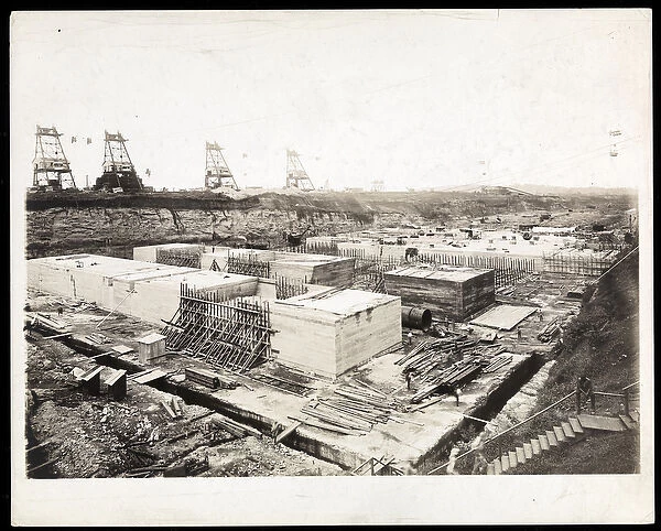 View of construction of the Panama Canal with concrete forms and excavation visible