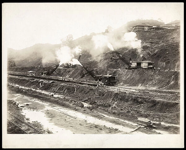 View of large digging machines working on the construction of the Panama Canal
