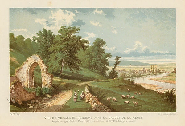 View of the village of Domremy in the valley of the Meuse, France (chromolitho)