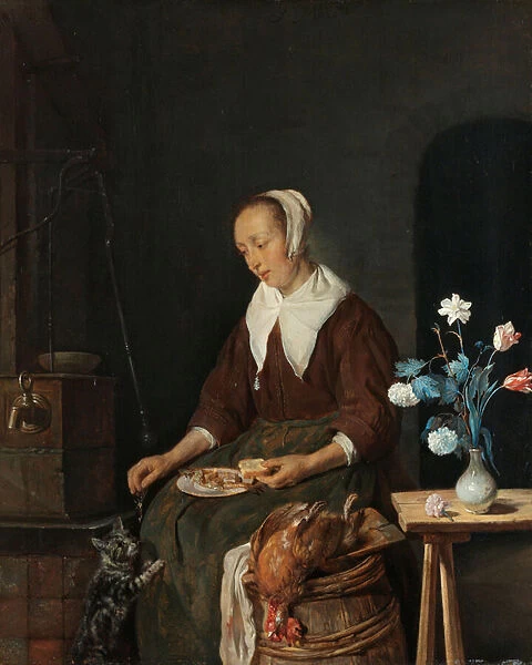 Woman Eating, Known as The Cats Breakfast, c. 1661-64 (oil on panel)