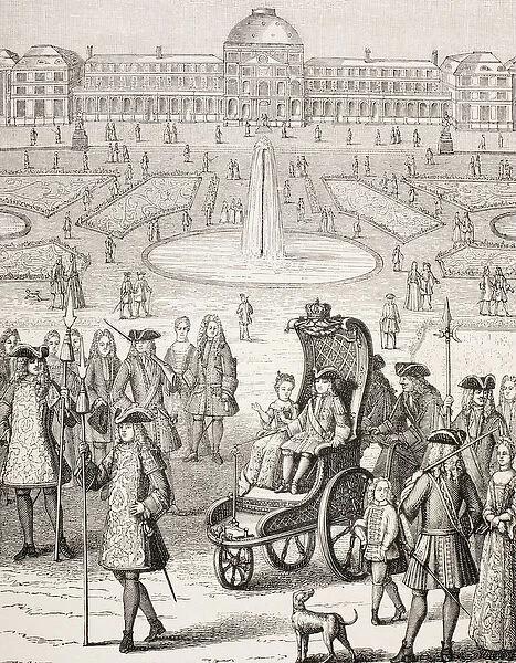 The young King Louis XV promenading in a carriage in the Tuileries Gardens, Paris