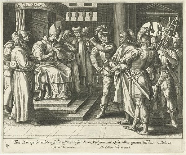 Christ before Caiaphas, print maker: Adriaen Collaert, Maerten de Vos, 1598 - 1618