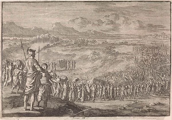 Israelites pass through the dry Jordan, Jan Luyken, Pieter Mortier, 1703 - 1762