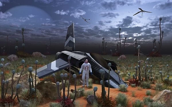 An astronaut surveys the desert like landscape of an alien world
