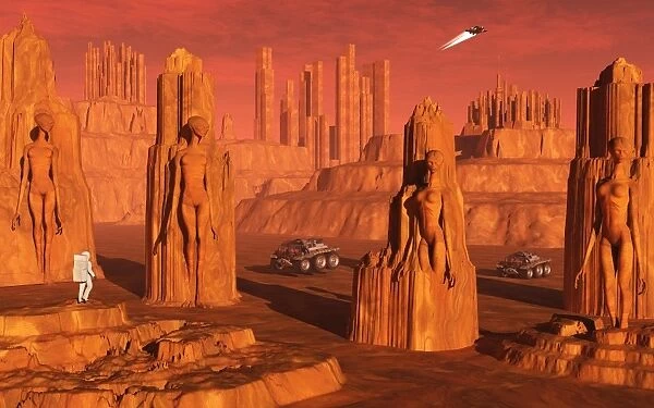 A team of explorers from Earth exploring Mars ancient monuments