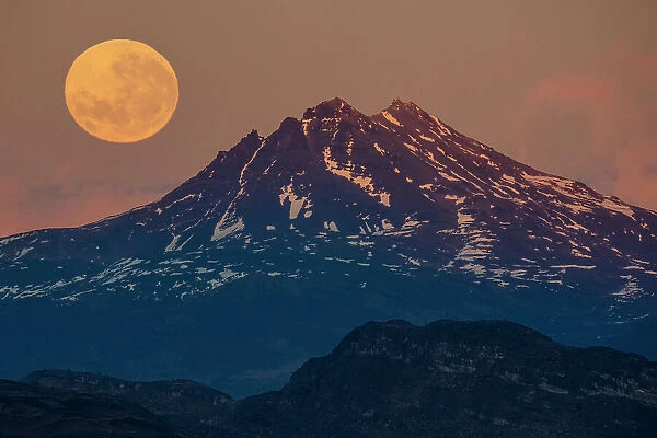 Moonrise over mountain, Torres del Paine National Park, Magallanes, Chile. June, 2022