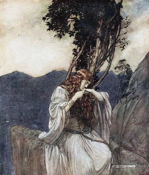 Brunnhilde kisses the ring that Siegfried has left with her. Illustration for Siegfried and The Twi Artist: Rackham, Arthur (1867-1939)