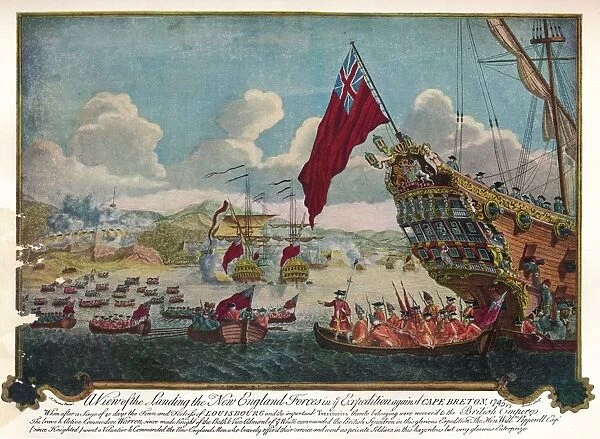 The landing of troops from New England on the island of Cape Breton to attack Louisbourg, 1747. Artist: James L. Brooks