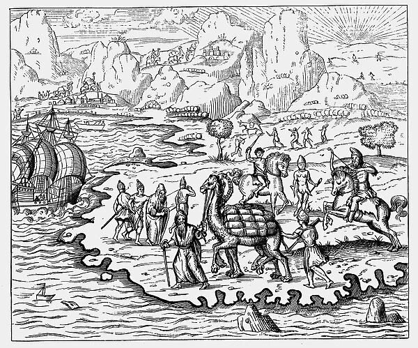 Merchants transporting goods to the coast and a waiting vessel by camel, 1575