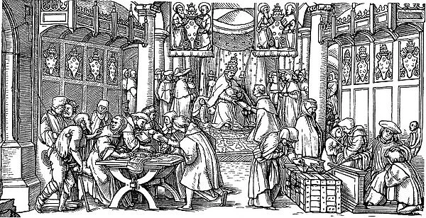 The sale of indulgences (Detail). Artist: Lutzelburger, Hans (?-1526)