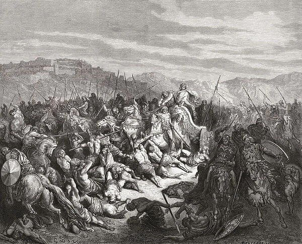 Ahab kills one hundred thousand Syrians. The picture refers to the Battle of Qarqar, also known as the Battle of Karkar, 853 BC. After a work by French artist Gustave Dore