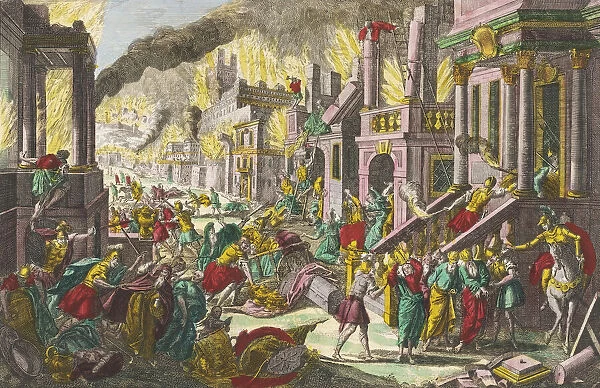The destruction of Jerusalem by Nebuchadnezzar II circa 589 BC. After an 18th century work by an unknown artist