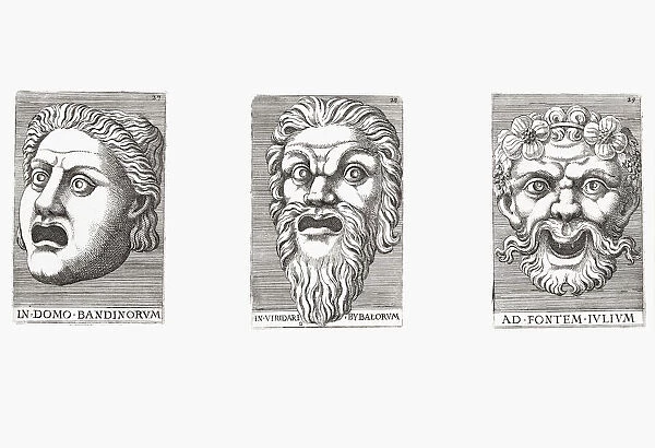 Three grotesque masks by Italian artist Adamo Scultori, 1530 - 1585, after fellow Italian Giulio Romano, 1499 - 1546