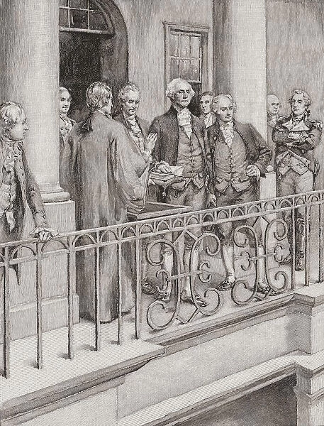 The inauguration of George Washington, April 30, 1789 as first President of the United States at Federal Hall, New York City. George Washington, 1732 -1799. First President of the United States (1789-1797), Commander-in-Chief of the Continental Army during the American Revolutionary War, and one of the Founding Fathers of the United States. After an illustration by Irving Wiles