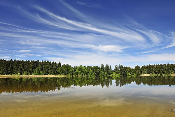 Landscape and Sky Reflected in Lake Hegratsried in Spring, Hegratsried, Halblech, Swabia, Bavaria, Germany