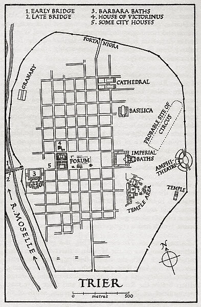 Layout of the ancient city of Trier, Germany, showing the early bridge, the late bridge, Barbara Baths, House of Victorinus and some city houses. The city lay approximately within the area of the grid of streets. After an illustration by Edgar Holloway