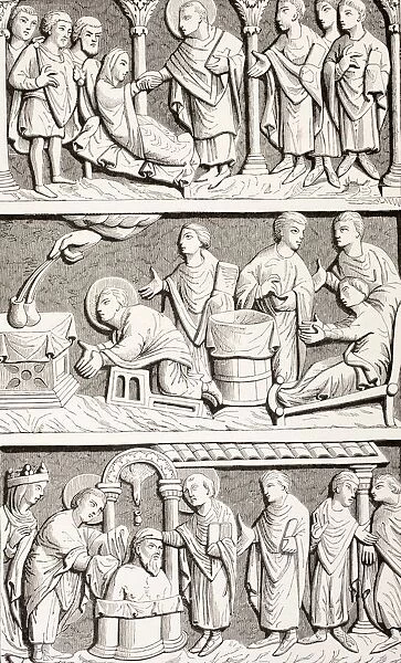 Saint Remigius, Remy Or Remi. Top: Saint Remigius Healing A Paralytic. Middle: Saint Remigius Healing A Sick Person By Invoking The Sacrament On The Altar. Bottom: Saint Remigius, Assisted By A Saintly Bishop, Baptizing Clovis I, King Of The Franks, In The Presence Of Queen Clotilde, While The Dove Of The Holy Spirit Delivers The Holy Ampulla. From Les Artes Au Moyen Age, Published Paris 1873