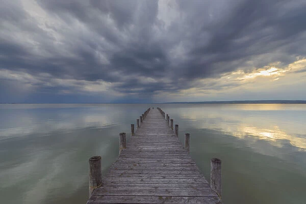 Wooden Jetty at Sunset at Weiden am See, Lake Neusiedl, Burgenland, Austria