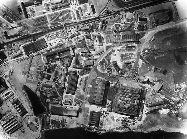 The Heinkel factory in Rostock, Germany, following a raid by the RAF. April 1942