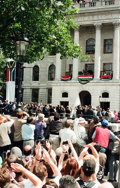South African President Nelson Mandela addressing the crowds from the balcony of South