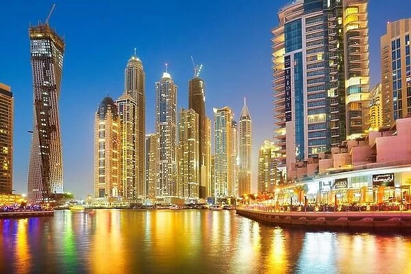 Dubai skyline at evening, Dubai Marina (an artificial city for 120000 people), Dubai, United Arab Emirates