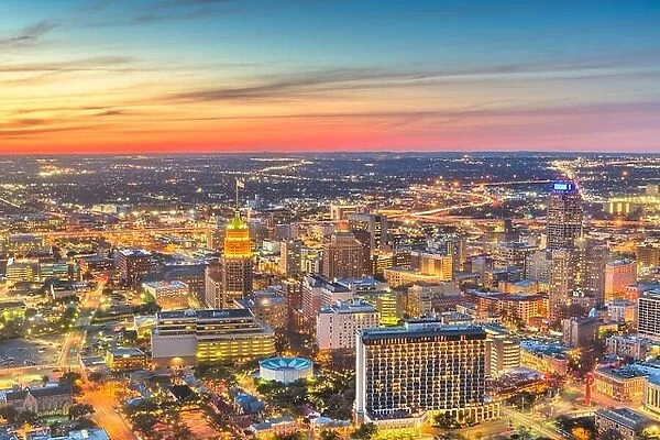 San Antonio, Texas, USA downtown city skyline from above just after sunset