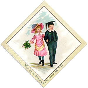 Boy and girl going for a walk on a Christmas card