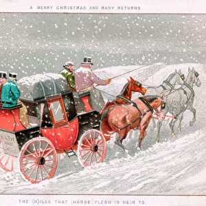 Coach and horses in the snow on a Christmas card