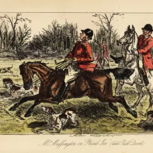 English huntsman dragged in the middle of the hounds