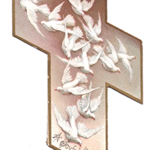 Flock of white doves on a cross-shaped Easter card