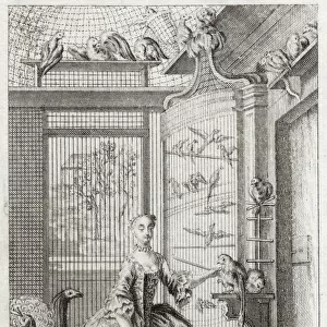 A French noblewoman among her feathered friends Date: early 18th century
