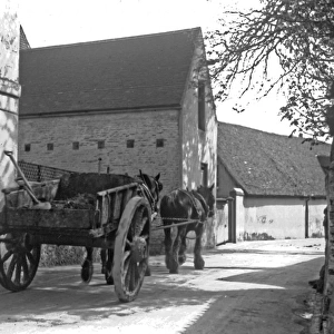 Horses and cart in a village