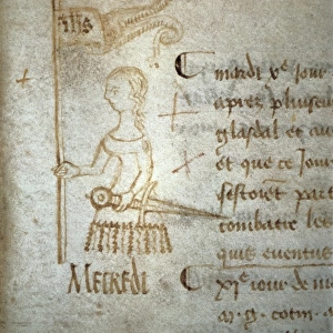Joan of Arc holding a sword and a banner. Sketch