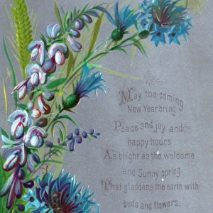 Purple and blue flowers with grasshopper on a New Year card