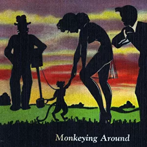 A really very bizarre silhouette postcard depicting a man with a dancing monkey