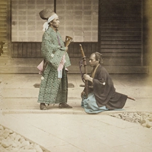 Samurai or retainer kneeling before government official or d