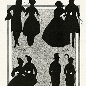 Silhouettes of couples walking arm in arm throungh the ages
