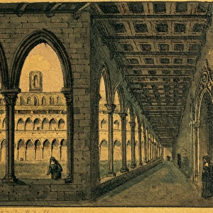 Spain. Barcelona. Monastery of Pedralbes. Cloister. Drawing