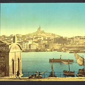 View of Notre Dame de la Garde and harbor, Marseilles, Franc