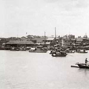Waterfront view, Canton (Guangzhou) China, circa 1890s. Date: circa 1890s